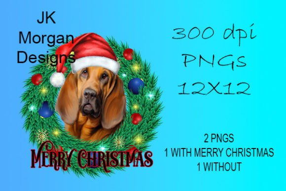 Bloodhound in Wreath Wearing Santa Hat for Crafts